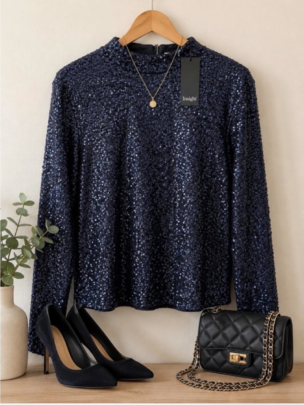 Insight Navy Blue Sequin Long Sleeve Top NWT